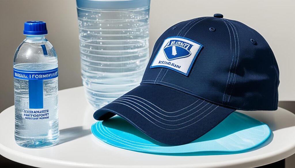 A baseball cap sitting on a table next to a bowl of water and a heat source. The cap's strap is adjusted to its maximum length.