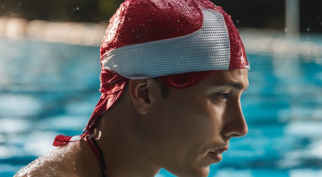 A close-up view of a person's head with a swim cap on, showing water droplets on their hair. The swim cap should show signs of wear and tear to indicate prior usage. The background should be a pool or a body of water to set the context.