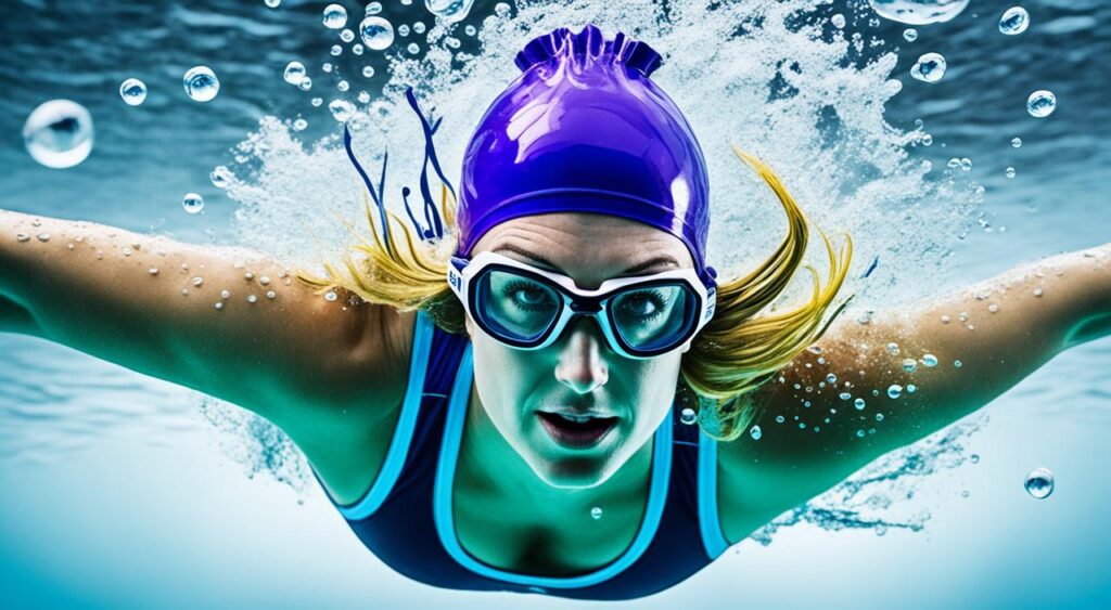 a person wearing a swim cap while diving underwater