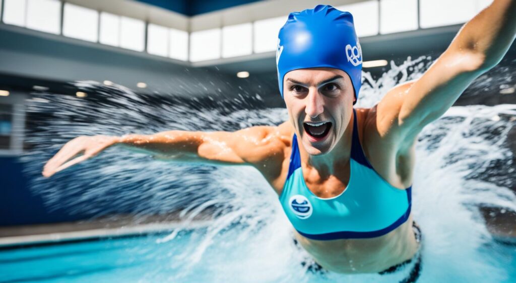 An image of a person wearing a swim cap while jumping into a pool with dry hair.