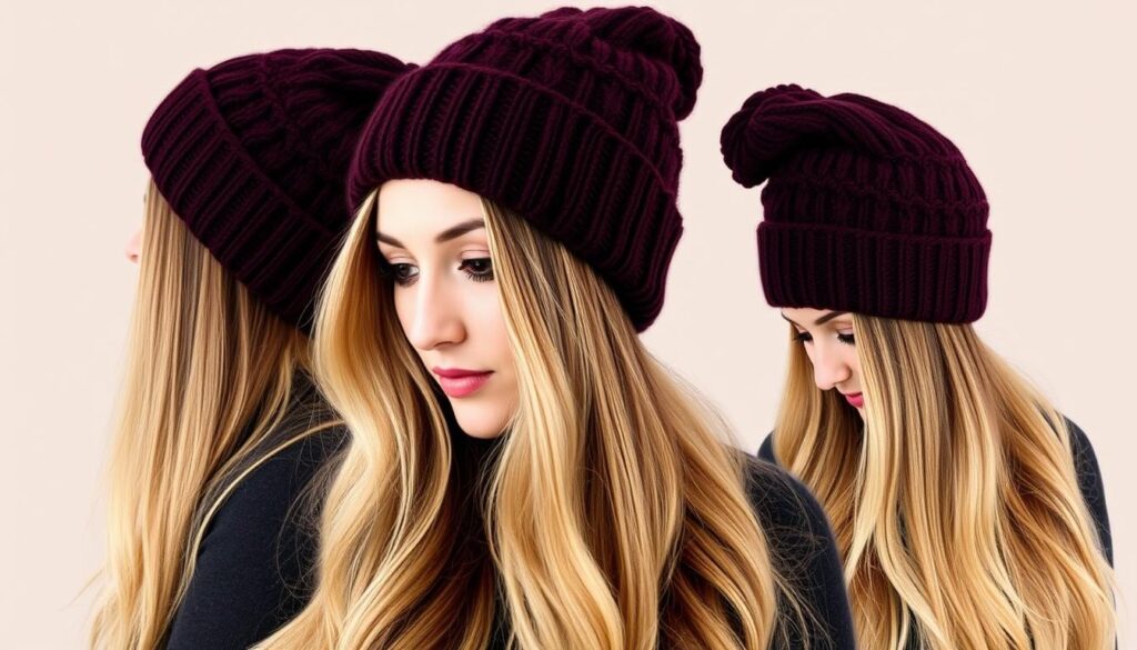 "woman with long flowing hair styled under a cozy beanie, showcasing various ways to wear it, different angles and hair textures, warm colors, casual fashion setting, caprug.net"