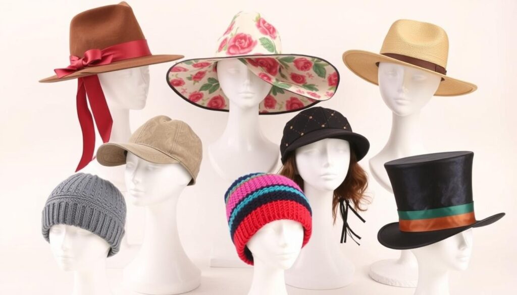 A collection of popular hat styles displayed on various mannequins: a fedora with a ribbon, a wide-brimmed sun hat adorned with floral patterns, a classic baseball cap, a stylish beanie in vibrant colors, and a vintage top hat. Each hat should showcase its unique textures and patterns, set against a neutral background for emphasis.